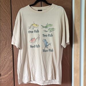 Dr. Seuss Cream T‑Shirt with Yellow, Green, Red, and Blue Fish
